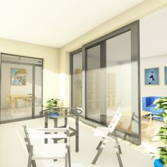 Typ 3: Blick vom Balkon in das Wohnzimmer und die Küche